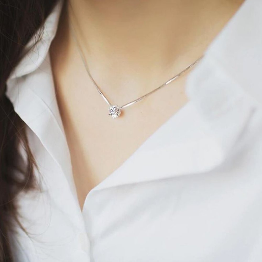 925 Sterling Silver Solitaire  Diamond Necklace - Picture 2 of 7